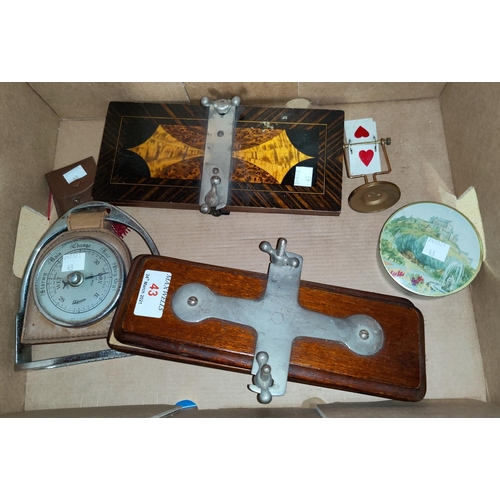 43 - A selection of collectables:  2 tie presses; bridge marker and pencils; stirrup barometer; etc.