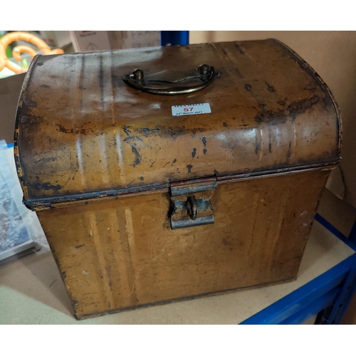 57 - A 19th century small metal trunk with brass handle, length 31 cm