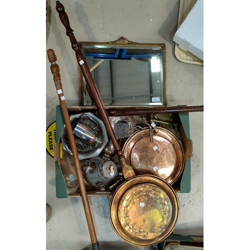6 - A gilt framed mirror; 2 warming pans (1 a.f.); other metalware