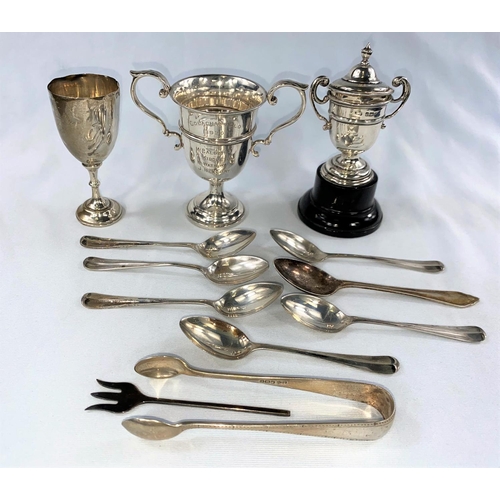 390 - A set of 6 silver coffee spoons, Sheffield 1938; a pair of silver sugar tongs; 3 hallmarked silver t... 