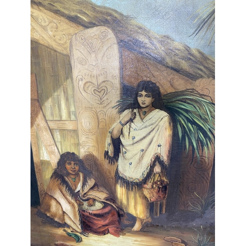 471 - 19th/20th Century:  2 Maori women outside a hut, oil on canvas, signed J R W Jowle, 75 x 50cm, frame... 