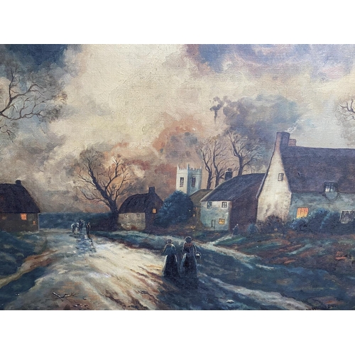 472 - 19th/20th Century:  village street on a stormy night, oil on canvas, unsigned, 50 x 75 cm, framed