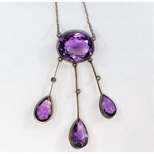 380 - An Arts and Crafts white metal negligee pendant set oval amethyst with three drops each set single s... 