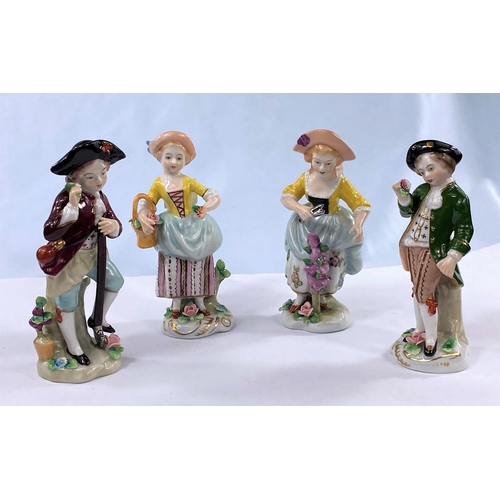 251 - Two pairs of Sitzendorf figures:  children in 18th century dress, heights 10.5 - 11.5 cm