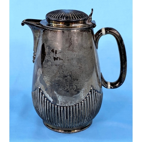 298 - A hallmarked silver baluster coffee pot with ribbed decoration with presentation inscription and reg... 