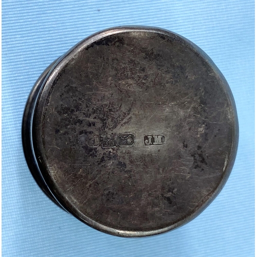 303 - A small hallmarked silver hip flask Birmingham 1898; a circular hallmarked silver patch box, Chester... 