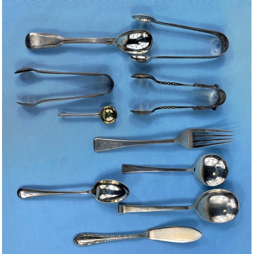 312 - 10 various items of hallmarked silver flatware including 3 pairs of sugar tongs, spoons, butter knif... 