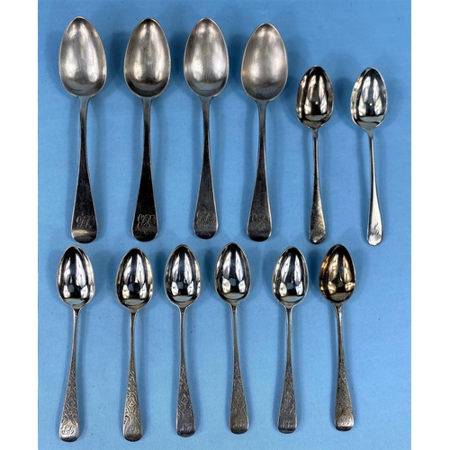 315 - A set of 4 monogrammed hallmarked silver Old English pattern teaspoons, London 1836; a set of 6 mono... 