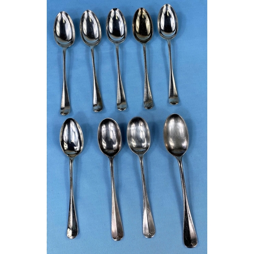 318 - A set of 6 hallmarked silver rat-tail teaspoons Sheffield 1909 and 3 other rat-tail silver teaspoons... 