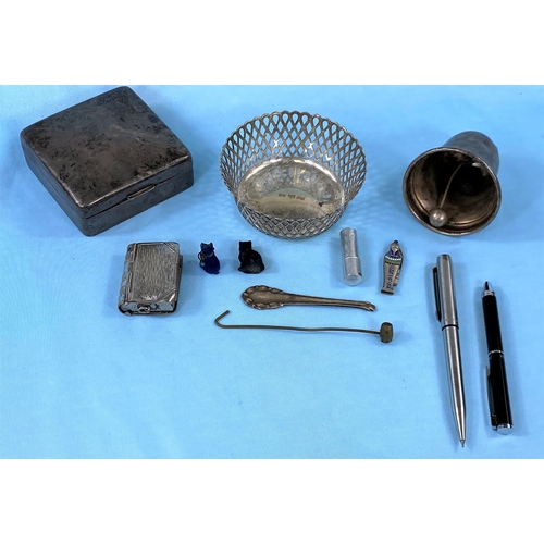 345 - A silver cigarette box, Birmingham 1910; a silver plated pierced bon-bon dish; a table bell (a.f.); ... 