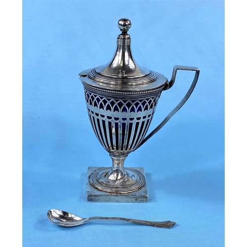 353 - A hallmarked silver mustard pot, classical pierced style, Chester 1900 (base dented)