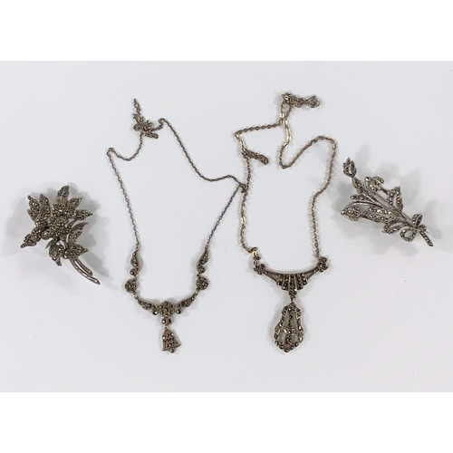 372 - Silver marcasite set jewellery: An Art Deco necklace, another necklace & 2 floral spray brooches all... 