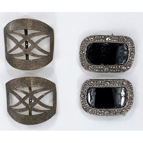 376 - A pair of Georgian cut steel shoe buckles with concealed spring clip, another later pair