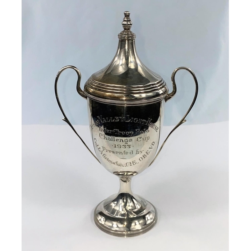 385 - A hallmarked silver covered trophy cup with 2 handles, inscribed, London 1932, 5 oz