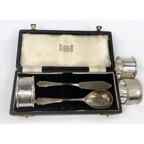 387 - A hallmarked silver butter knife and preserve spoon, Sheffield 1948; 3 silver napkin rings, various ... 