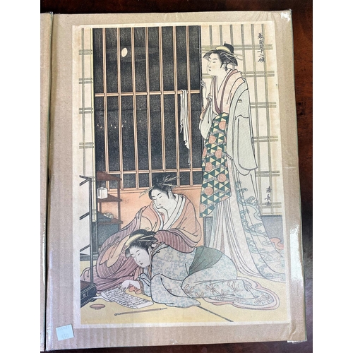 450 - TAKAMIZAWA, three colour woodblock prints after ELSHI, KIYONAGA and UTAMARO, 38 x 26cm