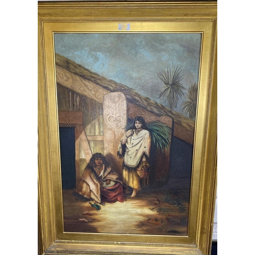 471 - 19th/20th Century:  2 Maori women outside a hut, oil on canvas, signed J R W Jowle, 75 x 50cm, frame... 