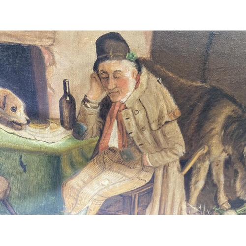 473 - G K:  Old man in cottage with animals, oil on canvas, monogrammed, 40 x 60 cm, framed