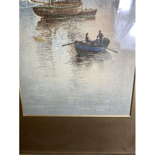 478 - After Garman Morris:  pair of prints of fishing boats, 51 x 20 cm, framed and glazed