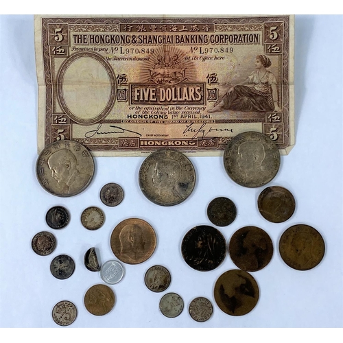 410 - 3 1934 China Junk dollars, a quantity of GB silver 3ds, a 1909 penny etc