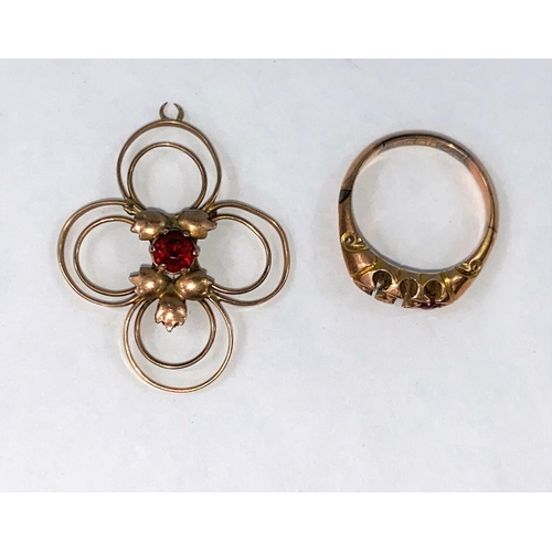 441 - An Edwardian 9ct gold pendant with central ruby coloured stone and a 9ct gold ring with two stones m... 