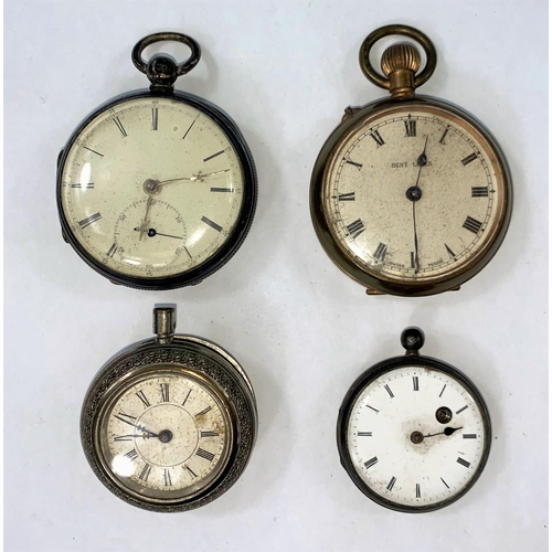 444 - A hallmarked silver open face key wound pocket watch and three other pocket watches, one larger Swis... 