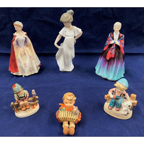 204 - A Royal Doulton figure:  Bess; a Paragon figure:  Grandmama; a Nao figure; 3 Hummel figures