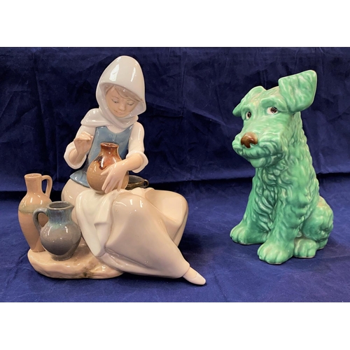 233 - A Lladro group:  girl potter; a 1930's Sylvac Scottie dog