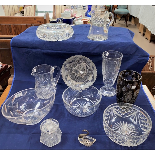 211 - A selection of cut glassware; an Edward VII Coronation glass dish