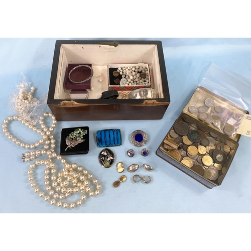 346 - A jewellery box and costume jewellery; a selection of coins and notes