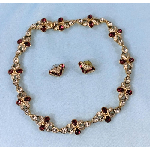 350B - An Attwood and Sawyer necklace and earrings set, with clear and red stone effect fittings.