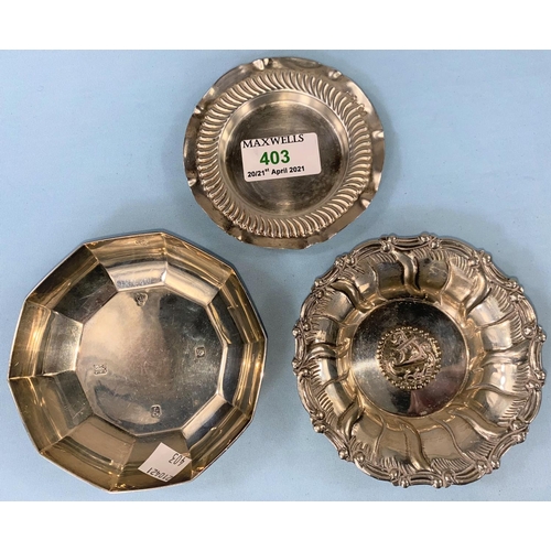 403 - A hall marked silver decagon dish London 1965 weight 2.9oz, two white metal dishes, one stamped 900 ... 