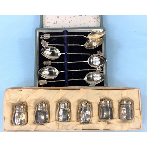 406 - A cased set of 6 Oriental white metal teaspoons with various different finials and a cased set of 6 ... 