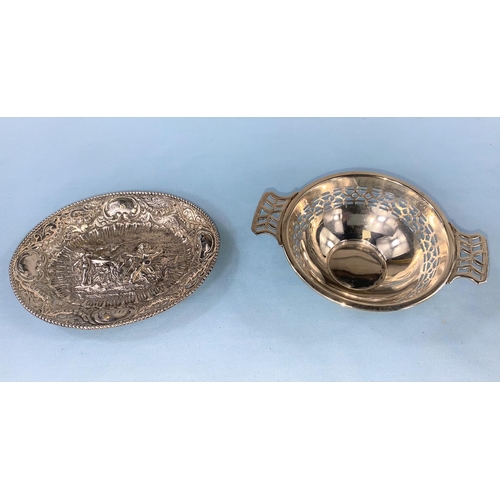 408 - One Continental cast white metal pin dish and one Art Deco hall marked silver sweetmeat dish with do... 