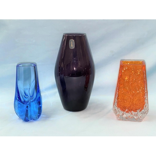 161A - A purple Whitefriars glass vase with paper label and an orange coffin vase (slight chip to rim)  and... 