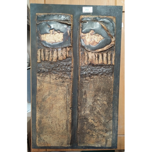 202 - A Studio Pottery wall hanging of 2 rectangular plaques, some areas glazed, backed with wooden board,... 