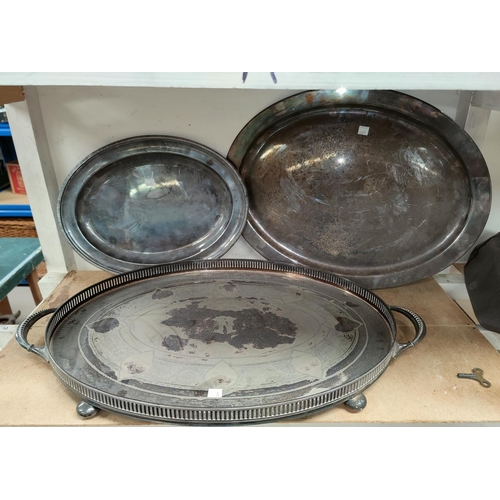 50A - A Large silver plated Walker and Hall gallery tray, two similar silver plated meat plates