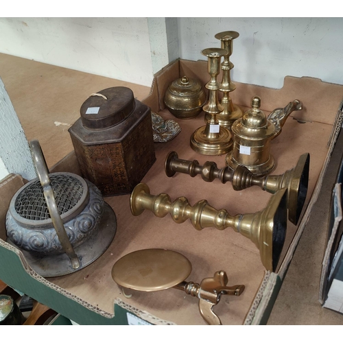 52 - A 19th century brass tobacco jar 14cm; a pair of 19th century candlesticks, a fireside tripod table ... 
