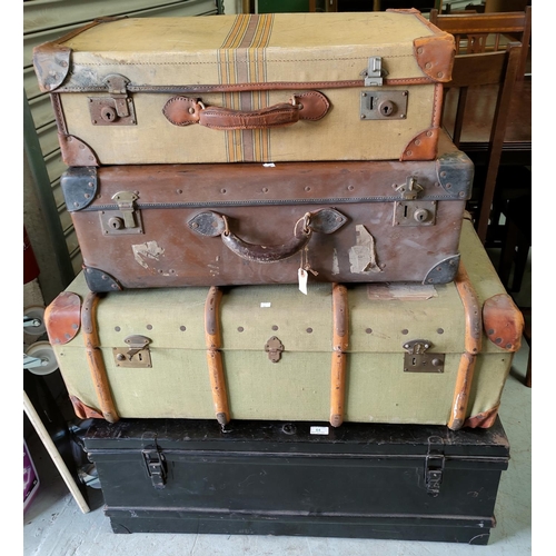 64 - A metal trunk; a wood bound trunk; 2 old suitcases