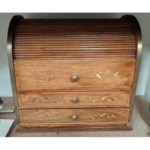 71 - A modern correspondence box in brass inlaid hardwood with domed tambour front and 3 drawers