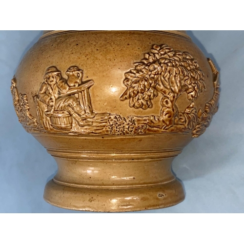 207 - A 19th century English stoneware salt glaze puzzle jug, raised decoration of traditional figures 20c... 