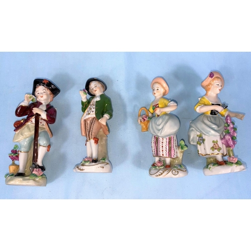 251 - Two pairs of Sitzendorf figures:  children in 18th century dress, heights 10.5 - 11.5 cm
