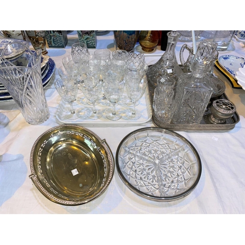 260 - Two cut decanters; drinking glasses; silver plate; cutlery