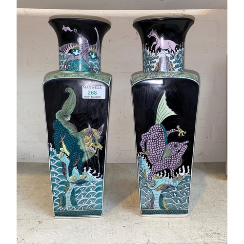 268 - A pair of Chinese famille verte vases with squared bodies, various mythical sea creatures to the fou... 