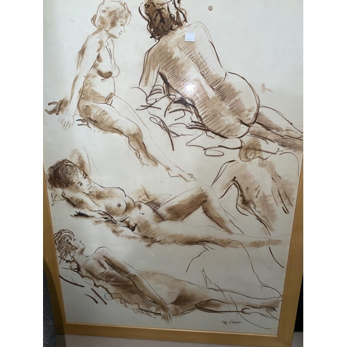 460 - Derrick Sayer 1917-1992:  Study of 4 female nudes, sepia sketch, 81 x 58 cm, framed and glazed; 20th... 