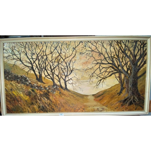 486 - Norman Phillips: Acrylic on board autumn sunset hillside scene 60x120cm