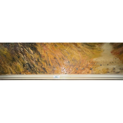 486 - Norman Phillips: Acrylic on board autumn sunset hillside scene 60x120cm