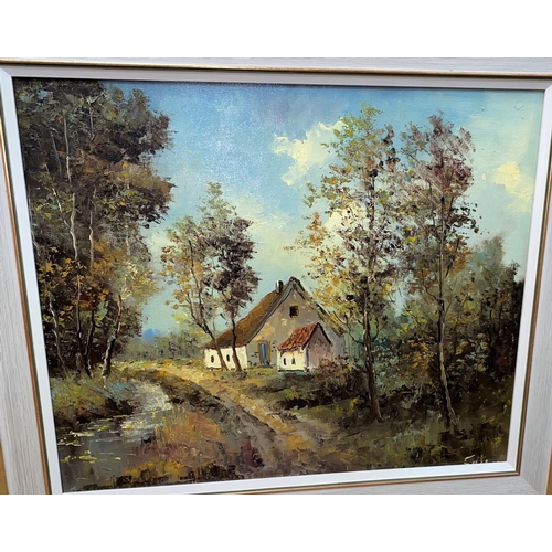 487 - 20th Century Impressionistic:  landscape with cottage, oil on canvas, signed indistinctly, 48 x 58 c... 