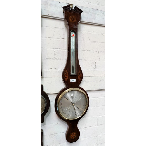 106 - A 19th century mercury column barometer with thermometer in banjo shaped Sheraton style inlaid mahog... 