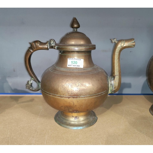 120 - An Indian brass kettle with hinged lid, wide body and serpent headed handle and spat